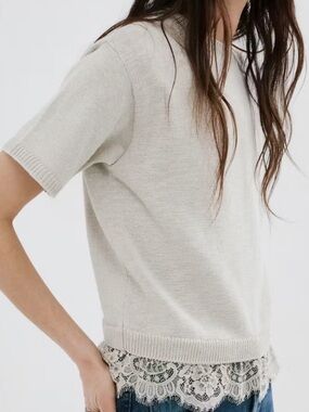 Mango Beige Ribbed Knit Top with Lace Trim LACE-TRIM KNIT SWEATER 5843